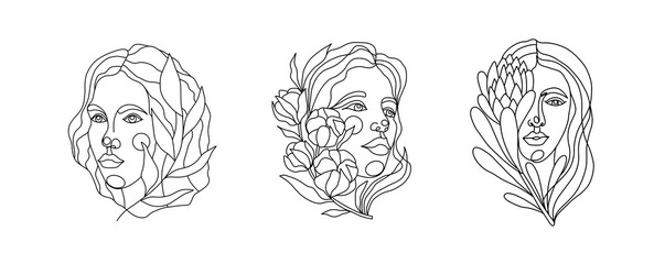 Set of continuous line art female faces with leaves and flowers. A modern set of minimalistic female portraits from lines in a trendy fashion style. Vector portraits of a woman, print, card