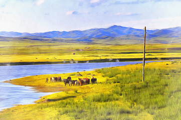 Mongolian landscape with horses colorful painting looks like picture.