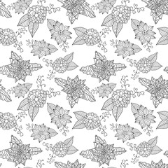 Abstract colorful doodle flower with leaves seamless pattern. Floral background. Vector illustration.
