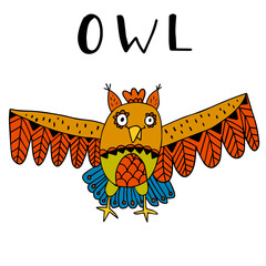 Cute happy doodle owl with ornamental decoration isolated on white background. Vector illustration.