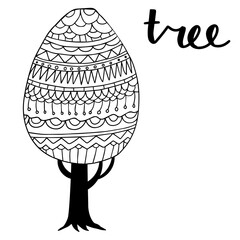 Cute doodle autumn tree with ornamental decoration for coloring book for adults isolated on whit background. Lettering of word Tree. Vector illustration.