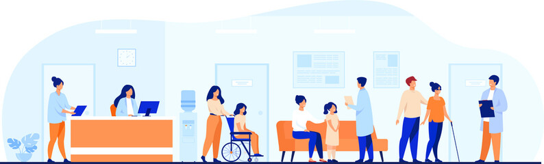 Patients doctors meeting waiting clinic hall hospital interior illustration with reception person wheelchair visiting doctor office medical examination consultation.