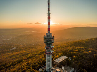 Hungary - TV tower in Pecs with Mecsek hills from drone view