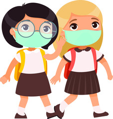 Schoolgirls going school flat vector illustration couple pupils with medical masks their faces holding hands isolated cartoon characters two elementary school students with backpacks