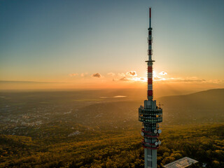 Hungary - TV tower in Pecs with Mecsek hills from drone view