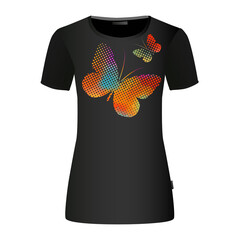 The abstract butterfly is multicolored. T-shirt print. Mixed media. Vector illustration