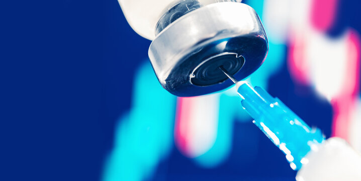 Concept impact of human medical vaccination on stock market economy finance exchange. Vaccine vial dose coronavirus flu shot needle syringe