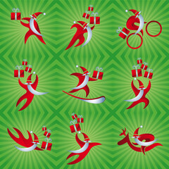 Stylish sports Santa Claus in a hurry to distribute gifts. Christmas Holidays Sign. Green-striped background. Kinds of sports. Kit. Vector illustration.