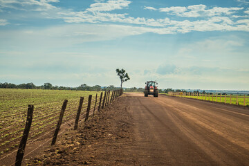 Rural scene of a tractor driving along a dirt road on a sunny day in the Brazilian countryside, showcasing the simplicity and beauty of farm life and agriculture in Brazil.
