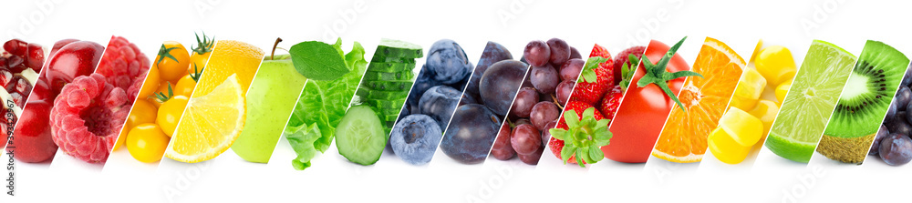 Poster fruits and vegetables. collage of fresh fruits, vegetables and berries on white background. rainbow 