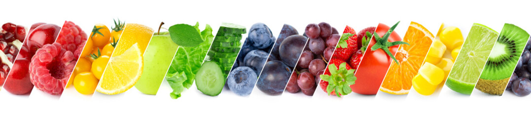 Fruits and vegetables. Collage of fresh fruits, vegetables and berries on white background. Rainbow...