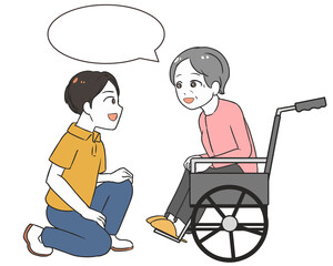 車椅子の高齢女性と会話　男性介護士　吹き出し