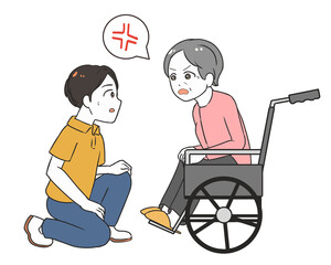 車椅子の高齢女性と会話　怒る　男性介護士
