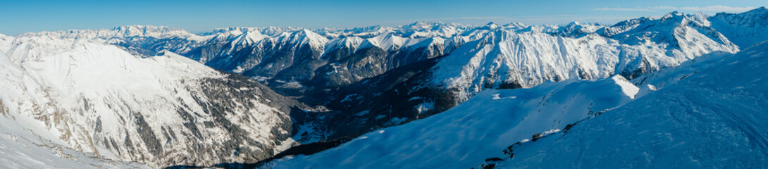 Panorama in high resolution. Winter landscape with views of the Alps in the winter sports region Bad Gastein, Austrian Alps