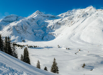 Winter landscape with views of the Alps in the winter sports region Bad Gastein, Austrian Alps. Ski area Sport Gastein