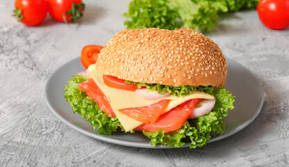 Fish burger on a plate vegan breakfast on white