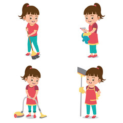 Set of Happy Kids doing housekeeping