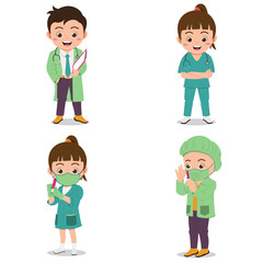 Set of Happy Kids Wearing Hospital Uniforms