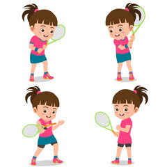 Set of Happy Kids Playing Tennis