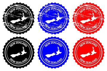 New Zealand - rubber stamp - vector, New Zealand map pattern - sticker - black, blue and red