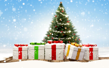 Christmas presents and decorated fir concept snow background 3d-illustration