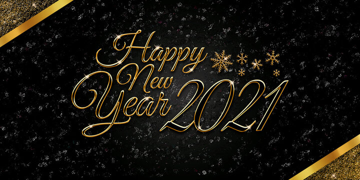 Happy new year 2021. Elegant text with golden letters and snowflakes on a black background with glitter and golden bows. Congratulatory picture. 