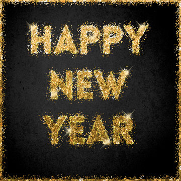Happy new year 2021. Golden glitter text on a black background with golden glitter frame. Congratulatory picture. Square picture. 