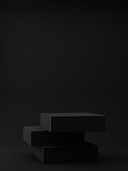 Modern dark black podium for product showcase. Boxes shapes. Pedestal on black background. Empty stage mockup. 3d render illustration