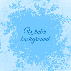 Blue frosted window. Snow frame with frosty patterns. Design vector illustration