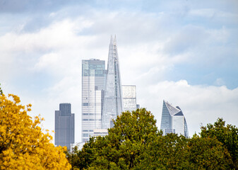 City of London and London Bridge Skyline with Autumn Trees Facing North