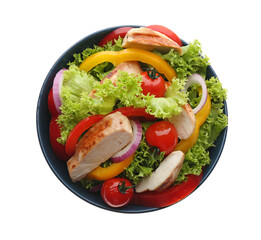 Delicious salad with chicken and vegetables in bowl isolated on white, top view