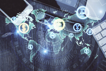 Multi exposure of forex graph hologram over desktop with phone. Top view. Mobile trade platform concept.