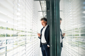 Mature businessman standing at outside sunblind holding cell phone