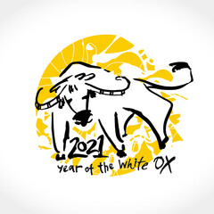 Year of the Ox 2021 in Chinese zodiac. Black ink brush calligraphy. Vector element for New Year's design in flat style. Illustration of 2021 year of the Ox.