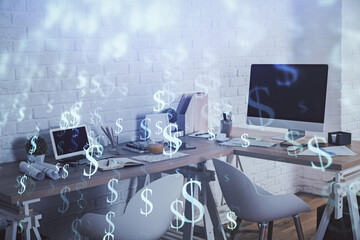 Multi exposure of stock market chart drawing and office interior background. Concept of financial analysis.