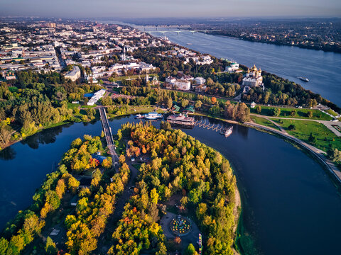 Aerial view of park at Strelka with Assumption Cathedral by Volga river in city, Yaroslavl, Russia