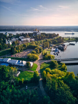 Aerial view of park at Strelka with Assumption Cathedral by Volga and Kotorosl river crossing, Yaroslavl, Russia