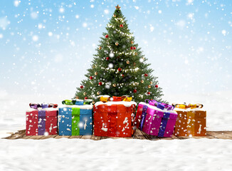 Christmas presents concept snow background 3d-illustration