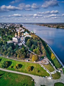 Aerial view of park at Strelka and Assumption Cathedral by Volga River in city on sunny day, Yaroslavl, Russia