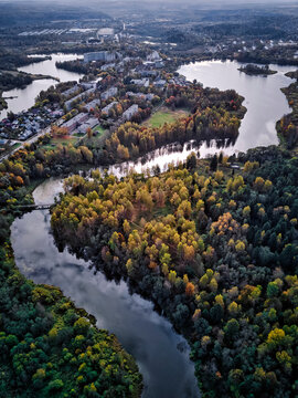 Residential district by lake in city