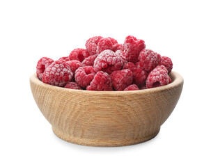 Tasty frozen raspberries in wooden bowl isolated on white