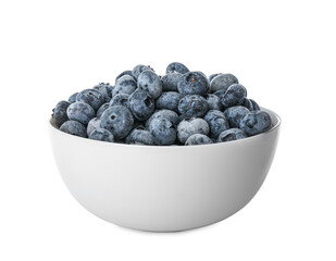 Tasty frozen blueberries in bowl isolated on white