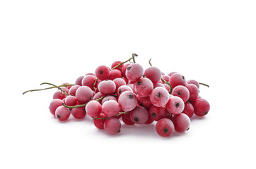 Heap of tasty frozen red currants on white background