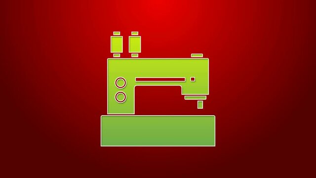 Green line Sewing machine icon isolated on red background. 4K Video motion graphic animation