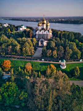 Aerial view of Assumption Cathedral by Volga River in city, Yaroslavl, Russia