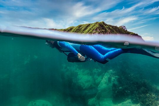 Woman in diving suit diving undersea