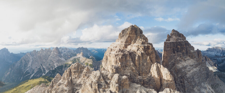 Aerial view of rocky mountain peaks against sky, Sesto Dolomites, Dolomites, Alto Adige, Italy