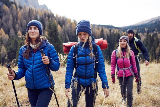 Group of friends hiking in the mountains