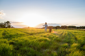 Two children with a dog running over a field at sunset