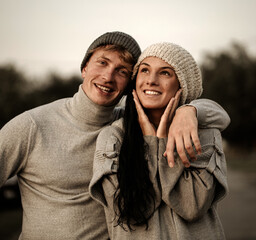 Close up portrait of smiling young couple having fun outdoors. Couple in love. Sensual. Happy day. Life. 